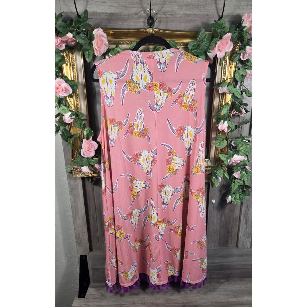 Simply Southern XXL Dress Pink Floral Longhorn Cow Skull Tassel Western Boho - Picture 3 of 5